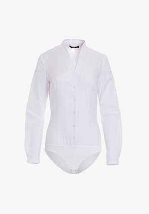 Biała bodysuit z długim rękawem, z kołnierzykiem mandarynkowym, z przodu zapinana na guziki i z majteczkami typu thong. Wykonana z gładkiego, lekkiego materiału.