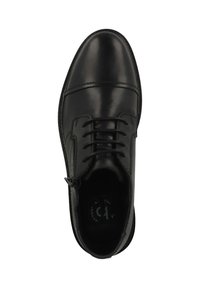 Chaussure habillée en cuir noir avec une finition lisse, un bout rond, un design à lacets et un léger talon. Doublure intérieure douce visible.