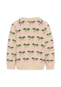 Sweter z dzianiny w beżowym kolorze, ozdobiony różowym wzorem owoców i zielonymi liśćmi. Mankiety i kołnierz z prążkowanego materiału, z różowym akcentem na dole.