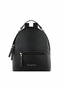 Mochila negra hecha de material sintético texturizado. Cuenta con una forma redondeada, herrajes en tono dorado, un bolsillo delantero con cremallera y un logo de marca.
