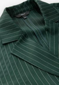 Zelený blazer s hladkým materiálem, vertikálními bílými pruhy a klopovým límcem. Interiér zahrnuje skrytou légu.