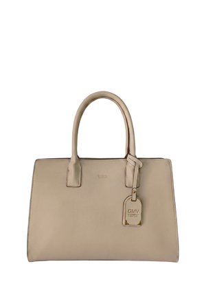 Borsa a mano in pelle beige con doppi manici arrotondati e un'etichetta brandizzata GMV Gianmarco Venturi appesa a un manico.