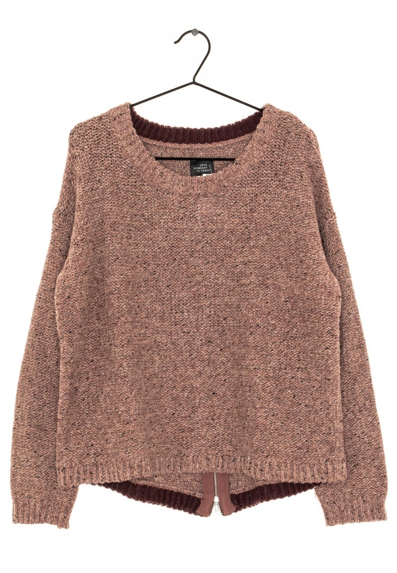 Sweter dziany w ciepłym odcieniu brązu o teksturowanym wykończeniu. Posiada szeroki dekolt oraz bordowy ściągacz u dołu, z detalem w postaci zamka z tyłu.