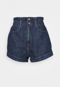 Pantalones cortos de mezclilla oscuros de talle alto con dobladillos enrollados, cinturilla elástica, dos bolsillos frontales y cierre de doble botón.