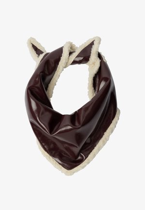 Donkerbruine neplederen nekwarmer met een crèmekleurige fleece voering en twee kleine puntige oortjes bovenop.