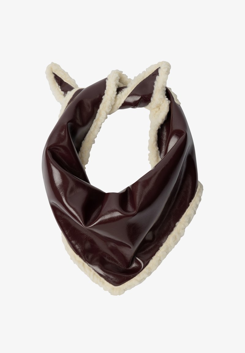 Scaldacollo in finta pelle marrone scuro con rivestimento in pile crema e due piccole forme a punta che simulano orecchie sulla parte superiore.