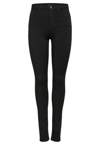 Svarta smala jeans i elastisk denim med klassisk femficksdesign, bälteshällor och knappstängning i midjan.