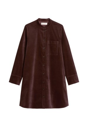 Lange mouwen, knoopsluiting jurk in donker bordeauxvelours. Heeft een mandarin collar en één borstzak. Strakke textuur en ontspannen pasvorm.