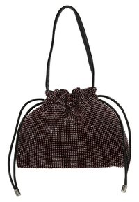 Black beaded drawstring bag featuring a textured surface, gathering at the top, and two black leather straps, with metal accents.