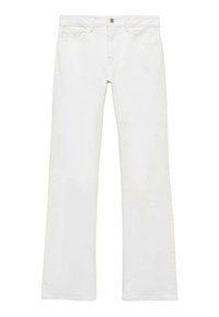 Pantalones vaqueros blancos acampanados de denim con un diseño clásico de cinco bolsillos, que cuentan con un cierre delantero de botón y cremallera, y costuras en contraste.