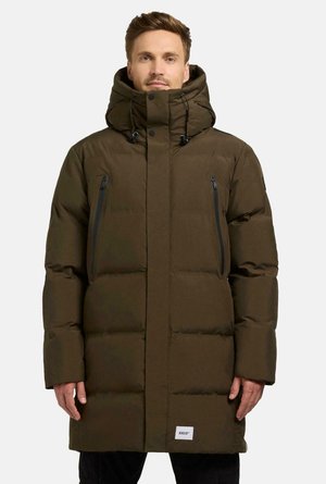 Dark olive green puffer jacket with a large hood, two zippered chest pockets, a straight silhouette, and a branded tag on the lower hem.