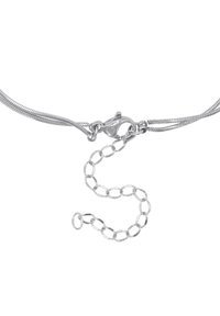 Silver necklace with a woven metal design, featuring a lobster clasp and an adjustable chain with round links.