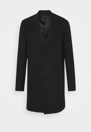 Black wool overcoat with a structured design, single-button closure, and notch lapels. Smooth interior lining, two front pockets.