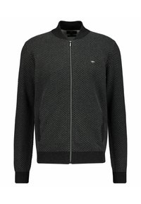 Giacca zip-up grigio scuro con tessuto testurizzato, colletto e polsini a costine e tasche laterali. Presenta un piccolo logo sul petto.