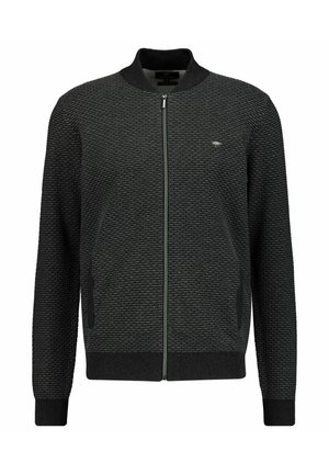 Veste zippée gris foncé en tissu texturé, avec un col et des poignets côtelés, et des poches latérales. Présente un petit logo sur la poitrine.