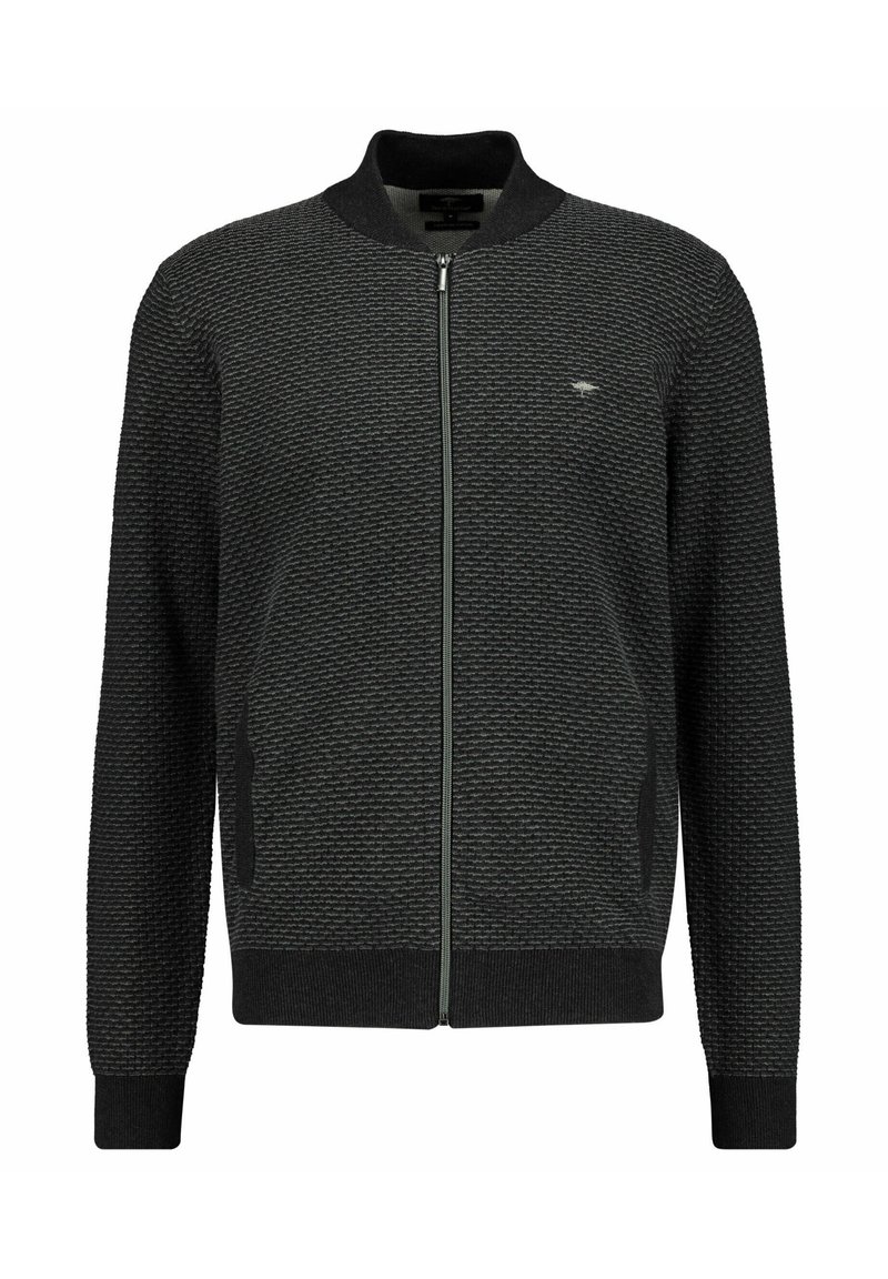 Giacca zip-up grigio scuro con tessuto testurizzato, colletto e polsini a costine e tasche laterali. Presenta un piccolo logo sul petto.