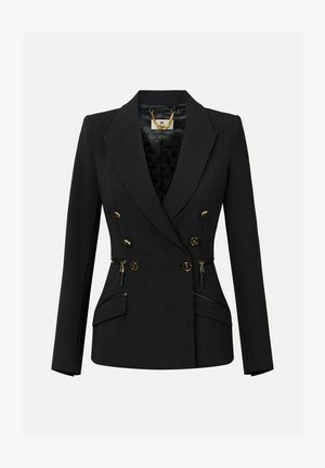 Blazer nero con vestibilità su misura, design doppiopetto, bottoni dorati, tasche con cerniera e rever a risvolto. Fodera nera testurizzata.