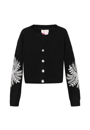 Juodas trumpas kardiganas su giliu V-kaklu, sidabriniais mygtukais ir sudėtinga balta gėlių siuvinėjimu ant rankovių. Minkšta trikotažo tekstūra.
