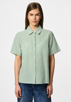 Groene en witte gestreepte overhemd met korte mouwen en een kraag, voorzien van een knopenfront en een gestructureerde stof. Gemaakt in combinatie met donkere spijkerbroeken.