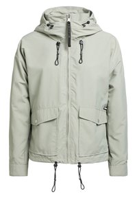 Veste à capuche gris clair avec fermeture éclair à l'avant, deux grandes poches à rabat et cordons réglables sur la capuche et l'ourlet.