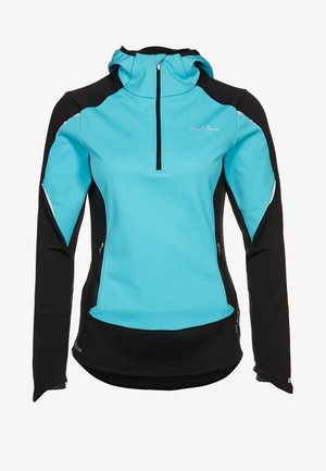 Dames lange mouwen fietsjersey met turquoise voorkant, zwarte mouwen en zijkanten, halve rits en capuchon.