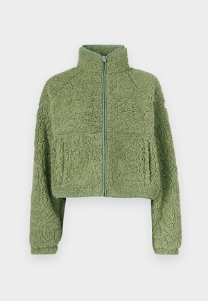 Groene korte fleecejas met een gestructureerd oppervlak, hoge kraag en ritssluiting aan de voorkant. Heeft brede mouwen en een ontspannen pasvorm.