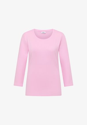 Langärmliges rosafarbenes T-Shirt aus weichem Stoff, mit einem Rundhalsausschnitt und einer lockeren Passform. Glatte Textur ohne sichtbare Muster.