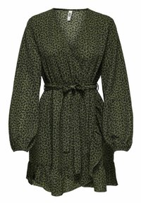 Robe portefeuille florale verte avec manches longues bouffantes et ourlet à volants, dotée d'une ceinture nouée à la taille et d'un tissu léger.