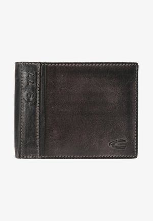 Schwarzes Lederportemonnaie mit strukturiertem Finish, mit genähtem Rand und geprägtem Logo. Kompakte, rechteckige Form und schlichtes Design.