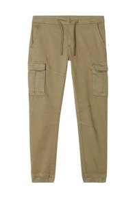 Cargo-Hosen in Khaki. Aus einem Baumwollmix gefertigt, mit elastischem Bund, Kordelzug und schmal zulaufenden Bündchen. Verfügt über seitliche Cargo-Taschen und Steppdetails.