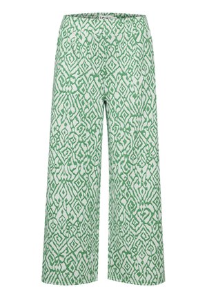 Leichte, weit geschnittene Hose mit einem grünen geometrischen Muster auf weißem Hintergrund. Hergestellt aus weichem Stoff, mit lockerer Passform und elastischem Bund.