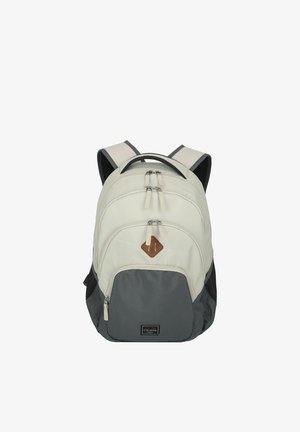 Hellgrauer und dunkelgrauer Rucksack mit mehreren Reißverschlussfächern, schwarzen Netzseitentaschen und gepolsterten Schultergurten.