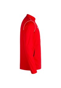 Rotes, langärmliges Sporthemd mit Stehkragen, ausgestattet mit weißen Akzenten und einem seitlichen Schlitz für Belüftung. Hergestellt aus leichtem Stoff.