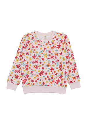 Children’s long-sleeve crew neck sweatshirt with pink base and colorful red, orange, yellow, and blue floral pattern all over.