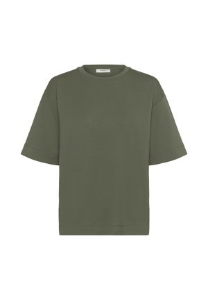 Olive green, short-sleeve t-shirt made of soft fabric. Features a relaxed fit with a crew neckline and no visible patterns or accents.