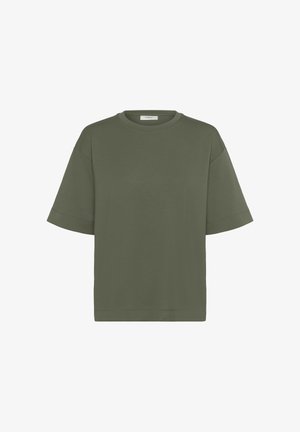 Olive green, short-sleeve t-shirt made of soft fabric. Features a relaxed fit with a crew neckline and no visible patterns or accents.