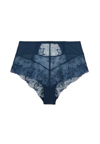 Lingerie taille haute bleu marine mettant en valeur un mélange de dentelle florale transparente et de tissu lisse, avec des détails en dentelle élaborés le long des bords.