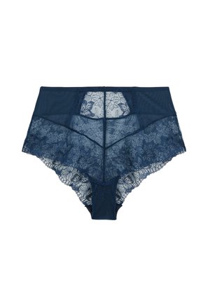 Lingerie taille haute bleu marine mettant en valeur un mélange de dentelle florale transparente et de tissu lisse, avec des détails en dentelle élaborés le long des bords.