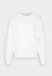 Sudadera blanca de manga larga con puños y dobladillo acanalados, con el texto "PARIS" bordado en blanco y en relieve en el pecho.