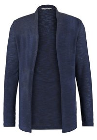 Námořnický modrý dlouhý kardigan vyrobený z lehké texturované látky s otevřeným předním dílem a dlouhými rukávy, s hladkým a rovnoměrným povrchem.