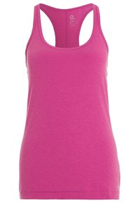 Figurpassad linne i ljusrosa, tillverkat av mjukt tyg. Har en racerback-design med rundad halsringning och rak nederkant.