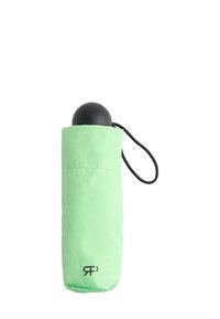 Kompaktowa torba na parasolkę w miętowym odcieniu z czarnym, okrągłym uchwytem, posiadająca sznurek do łatwego przenoszenia. Gładki materiał i minimalne oznakowanie.