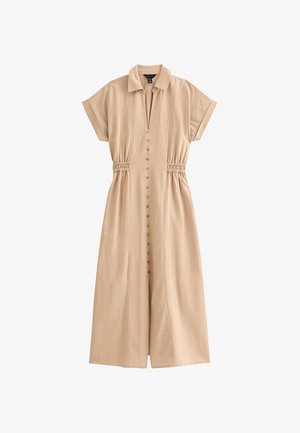 Beige jurk met kraag, korte kapmouwen, knoopsluiting aan de voorkant, elastische taille en een vloeiende rok. Gladde stof met subtiele textuur.