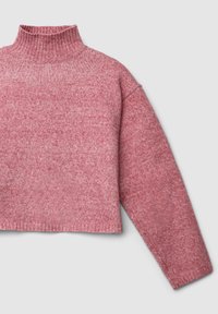 Rosa, gestrickter Rollkragenpullover mit kurzem Schnitt und langen Ärmeln, mit geripptem Kragen und strukturiertem Stoff.