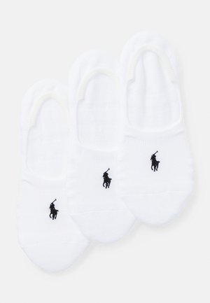 Meias invisíveis brancas feitas de um material suave, com um logo preto bordado em cada meia. Textura suave com um ajuste flexível.