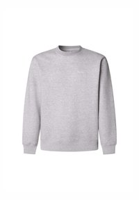 Sudadera gris fabricada en tela suave, con cuello redondo, mangas largas y puños y dobladillo acanalados. Pequeño logo en el pecho.