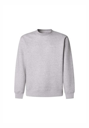 Sudadera gris fabricada en tela suave, con cuello redondo, mangas largas y puños y dobladillo acanalados. Pequeño logo en el pecho.