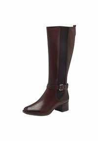 Bottine marron en cuir, montant jusqu'au genou, avec une finition lisse, présentant un panneau en maille texturé sur les côtés et une boucle décorative à la cheville.