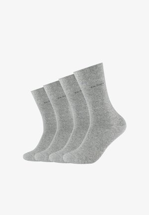 Gray cotton crew socks, ribbed texture, feature stitched brand logo, four pairs displayed in a row, uniform color and design.