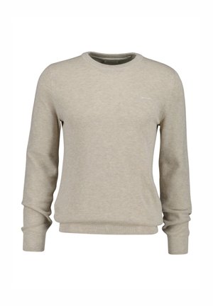 Hellbeiger Strickpullover mit Rundhalsausschnitt, langen Ärmeln, strukturiertem Muster, gerippten Bündchen und Saum. Dezentes Logodetail auf der Brust.